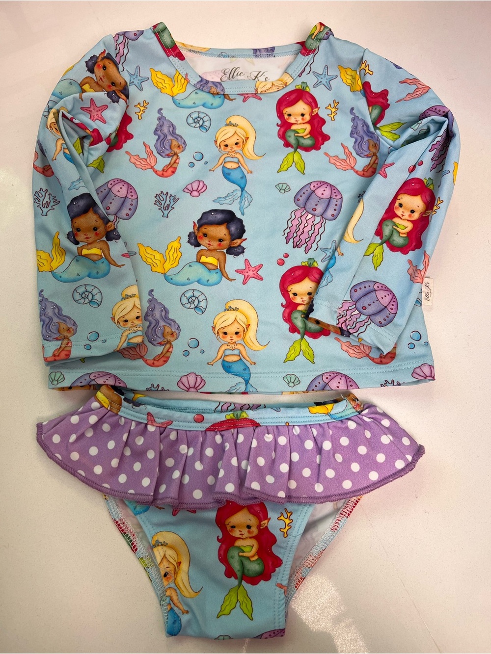 Ellie Kids Light Blue Mermaid Rash Guard Bikini with Purple Polka-Dot Ruffle
